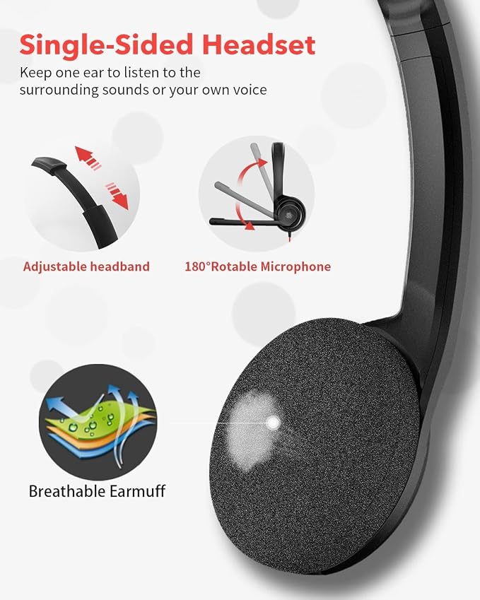NUBWO HW02 USB Headset with Microphone Noise Cancelling &in-line Control, Ultra Comfort Computer Headset for Laptop pc, On-Ear Wired Office Call Center Headset for Boom Skype Webinars (USB-A) | USB-A - Ultra Comfort Computer Headset for Laptop pc, On-E... - Image 5