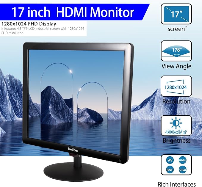 17 inch Surveillance Monitor Display Screen Security Camera Monitoring | Multifunctional Interface BNC, HDMI, AV, VGA, USB, PC Input CCTV Screen Computer Monitor Built-in Speaker1280x1024 Full HD - Image 4