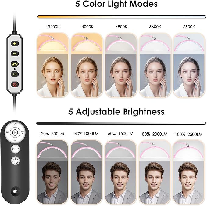 Half Moon Light for Lash Tech, Flexible Lash Lamp with Phone Holder for Eyelash Nail Art Tattoos Skincare, 5 Color Temperatures & Brightness Setting LED Floor Lamp Esthetician Light - Image 3