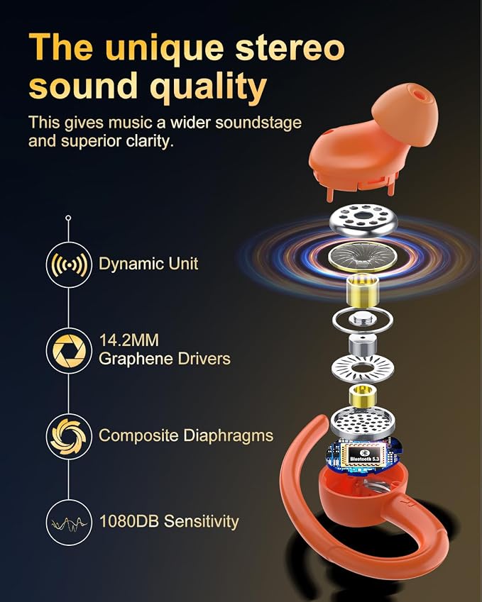 Wireless Earbuds, Bluetooth 5.4 Headphones Sport Over Ear Buds with ENC Mic | Noise Cancelling Mic,48H, Wireless Earphone With Earhooks, Stereo Deep Bass, IP7 Waterproof earbud for Workout Running,Orange - Image 2