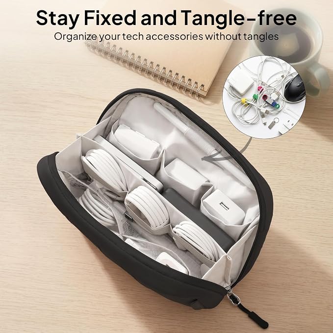 TOPEAST Quilted Cable Organizer Bag, Soft Tech Pouch & Travel Electronics Case with Elastic Pen Loop, Tangle-Free Cord Organizer for Women, Office Desk, AirPods, Chargers & Accessories, Black - Image 3