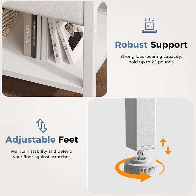 OLIXIS Nightstand with Charging Station, Beside Table with Fabric Drawers | 3-Tier End Table Set of 2 with 2 Storage Shelves,Night Stand with USB Ports and Outlets for Bedroom, White - Image 7