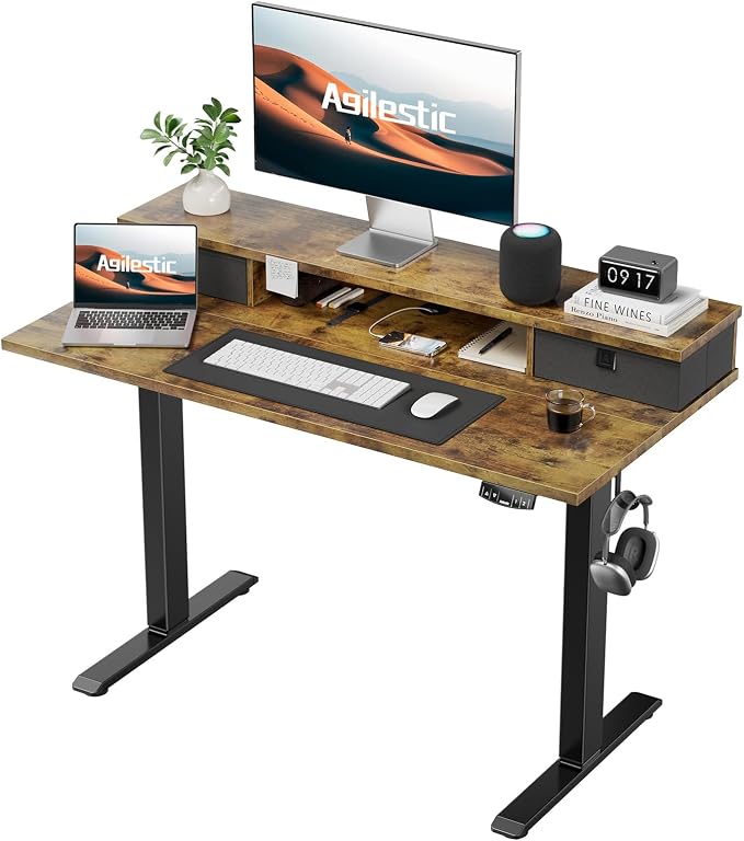 Agilestic 40 * 24 Inch Electric Standing Desk with Drawers, Rustic Brown | Electric Height Adjustable, 2 Storage Drawer, Monitor Stand, Sturdy Steel Frame, Memory Presets, Hooks, 154 lbs, Splice Board by Agilestic