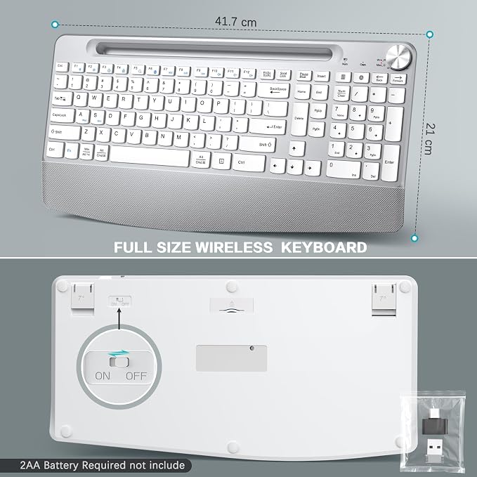 JOYACCESS Ergonomic Wireless Keyboard, 2.4GHz Cordless USB Full-Size Keyboard with Wrist Rest, Quiet Design & Numeric Keypad, Phone Holder for Desktop, Laptop, PC, Mac, Windows -Silver White - Image 7