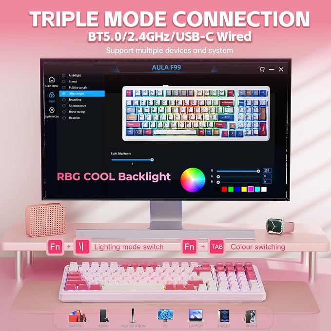 Aula F99 Pink Mechanical Keyboard,Wireless Gaming Keyboard Creamy | Tri-Mode BT5.0/2.4GHz/USB-C Computer Keyboard,Hot Swappable Custom Full Size Keyboard,Strawberry Mint Switch Creamy Sound - Image 3