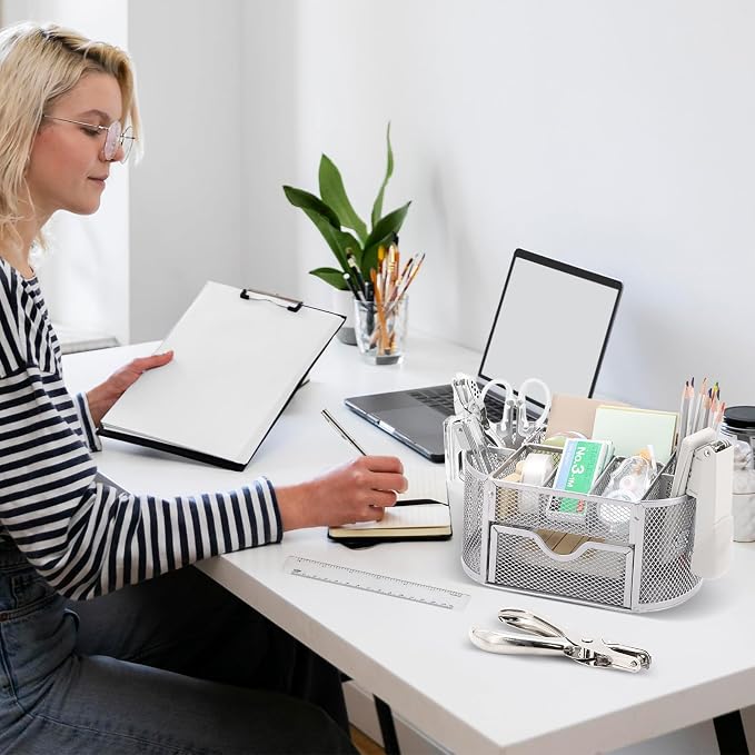 17 IN 1 Office Desk Organizer Set for Back to School Supplies Accessories | 3 Office Desk Storage Organization, 4 Pens, Stapler, Staples & Remover, Tape & Dispenser, Scissors, Ruler, Clips, Hole Punch - Image 9