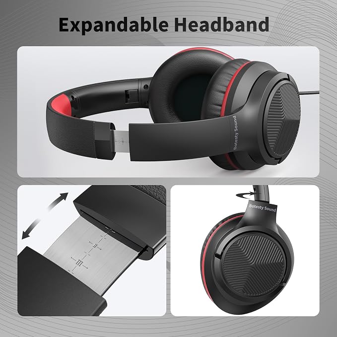 Botesty Sound Headphones Wired with Microphone, Over Ear Foldable 3.5mm Plug in Headphones Corded with 4.9ft Tangle-Free Nylon Cord for Tablet, Laptop, MP3/4, School, Airplane Travel (Black Red) - Image 3