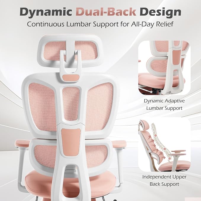 Ergonomic Office Chair with Footrest and Dynamic Lumbar Support, Pink | Reclining high-back computer chair, memory foam seat, 2D armrests, 2D headrest, mesh desk chair for home office, long hours - Image 4