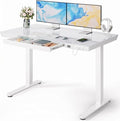 Marsail 47.24 inch Glass Standing Desk with 2-Zone Drawer Storage, White | Storage drawer, one-piece tabletop, two USB charging ports, sit stand design, 28.3–46.5 inch height range, home office use by Marsail