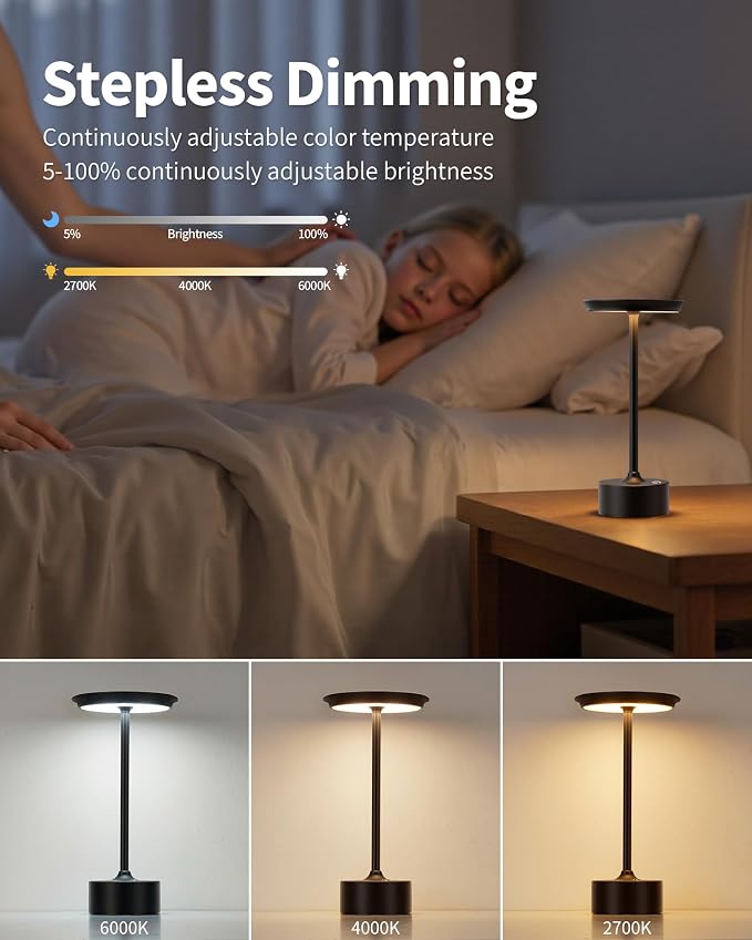 PUSU Rechargeable Table Lamps Set of 2, Black Cordless Portable Desk Lamp | 4000mAh Battery, Stepless Dimming & 3 Color 2700K-6000K, LED Lamp for Bedroom, Living Room, Restaurant, Outdoor, Night Light - Image 4