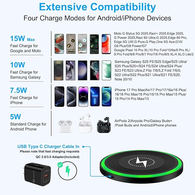 for Samsung Wireless Charger Fast Charging Pad for Samsung Galaxy S26 Ultra | Z Flip8 S25 FE S25 S24 Plus S23,Android Phone Wireless Charging Station Cargador Inalámbrico Para for iPhone 17e with Adapter - Image 6