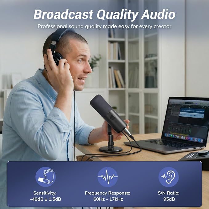 TONOR Dynamic Podcast Microphone for Studio, Cardioid XLR/USB Mic, AI Noise Cancellation, Tap Mute, 3.5mm Headphone Jack for Monitoring, Volume Control, Microfono with Desktop Stand, Black, TD510 AIR - Image 2