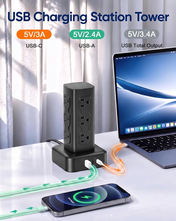 Power Strip Tower with 12 AC Outlets & 4 USB Ports(2 USB C), 6FT Cord | 16-in-1 Flat Plug Charging Station Tower , 6FT Extension Cord for Home Office Dorm, Black - Image 2