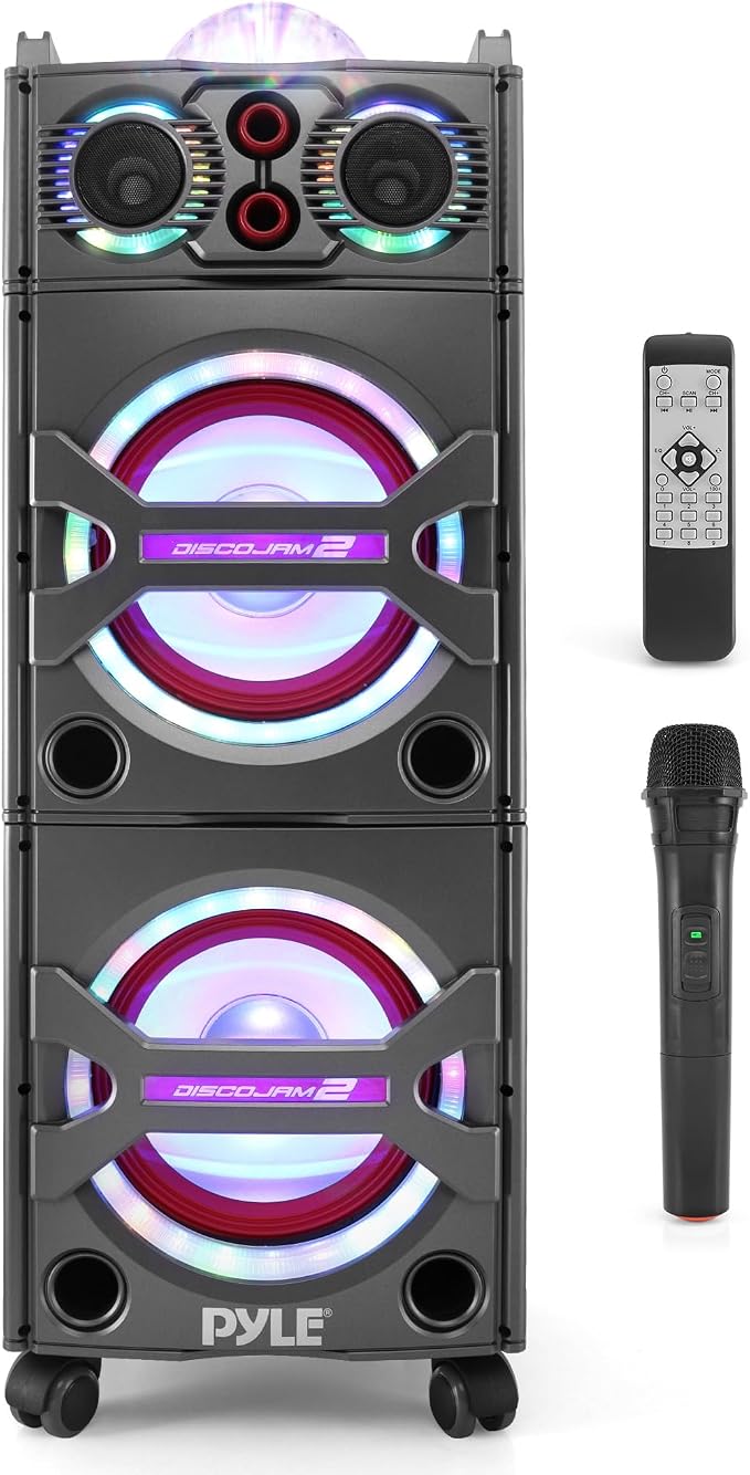Portable Bluetooth PA Speaker System - 2000W Active Powered Outdoor Bluetooth Speaker Portable PA System w/Microphone in, Party Lights, USB SD Card Reader, AUX/RCA/FM Radio, Wheels - Pyle PSUFM1043BT by PyleUSA