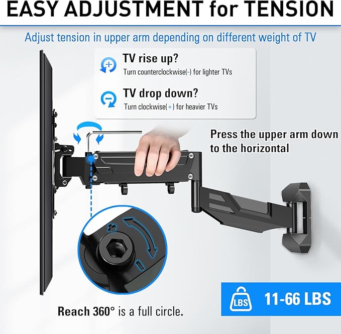 MOUNTUP Height Adjustable TV Wall Mount for 26-55 Inch TVs, Spring Arm Full Motion Articulating TV Bracket Mount with Smooth Swivel Tilt & Safe Corner Installation, 400x400mm VESA, 11-66 lbs - Image 2