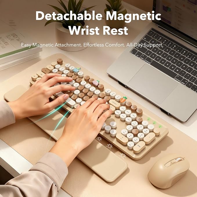 Wireless Keyboard and Mouse Combo, Round Keycaps, Full-Size Retro Typewriter-Style Keyboard with Magnetic Wrist Rest, Tilt Legs, 2.4GHz Cordless for Mac, Windows PC, Laptop, SABLUTE CK23, Latte Beige | Full-Size Retro Typewriter-Style Keyboard, Tilt Le... - Image 2