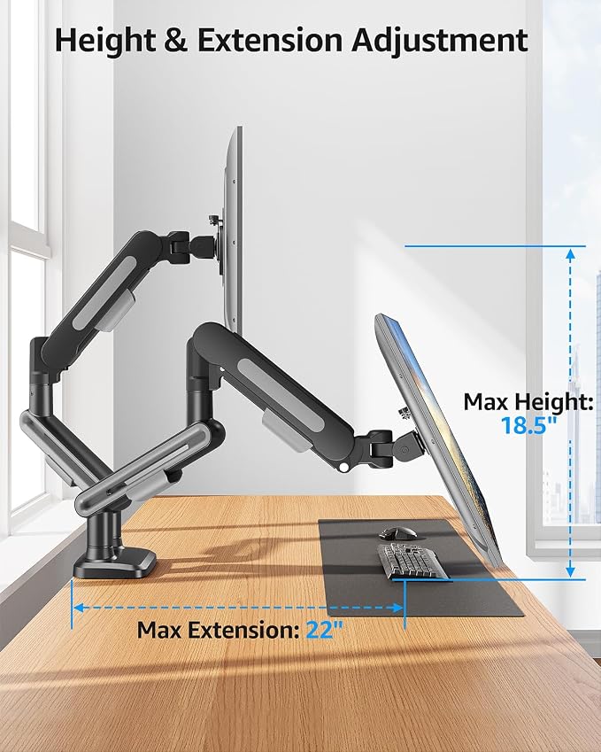 MOUNTUP Dual Monitor Mount, Heavy Duty Monitors Arm | Holds 4.4-26.5lbs, Monitors Arm for 39 37 34 32 27inch, Height Adjustable Monitors Desk Mount with C-Clamp＆Grommet Base - Image 4