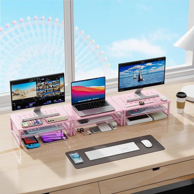 gianotter 2-Tier Metal Monitor Stand Riser | Desk Organizers and Accessories, Desk Organizer for Monitor, Office Desk Storage Organizer for Office Supplies (Pink) - Image 6
