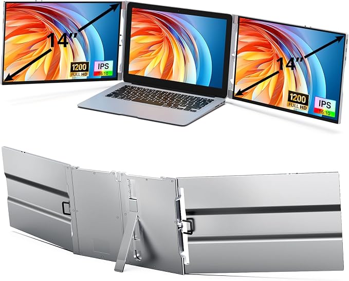 AYY Laptop Screen Extender, 14" FHD 1200P Portable Triple Monitor for 13"-17" Laptops, Aluminum Alloy Stand, Compatible with MacOS/Windows/Chrome by AYYPortableMonitor