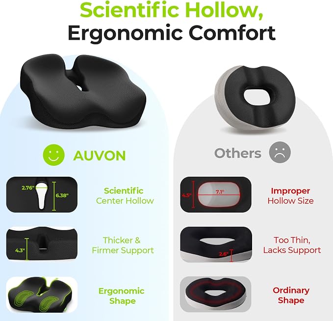 AUVON Ergonomic Donut Pillow Seat Cushion for Hemorrhoid & Back Pain Relief | Thick Memory Foam Chair Cushion with Firm Support for Tailbone, Sciatica, Pregnancy, Thigh Slope Design for Sitting Comfort - Image 4
