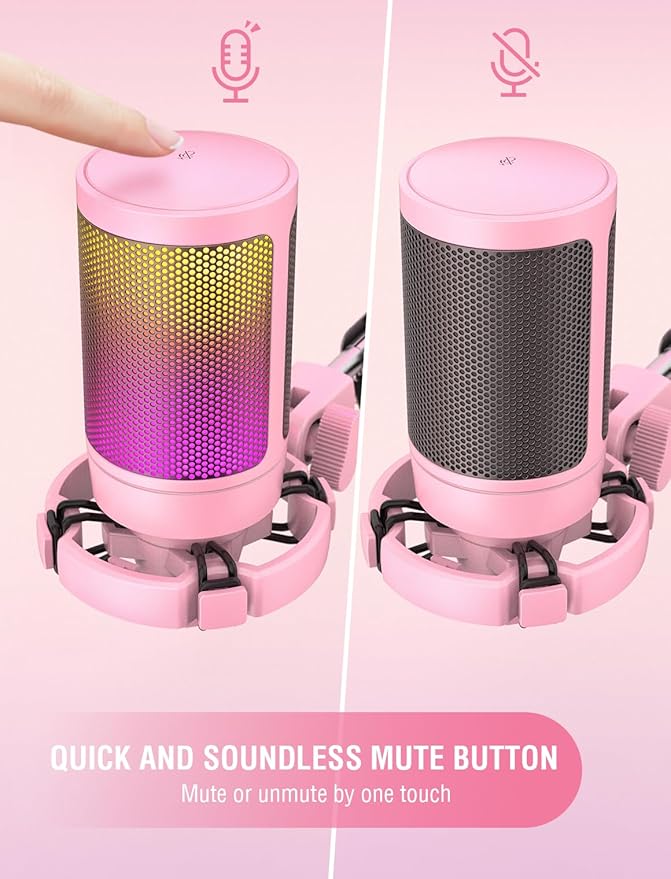 FIFINE AmpliGame Pink USB Gaming Microphone, Condenser RGB Mic for PC/PS5 | RGB Indicator, Gain Control, Quick Mute, Tripod Stand, Pop Filter, Cardioid Pickup, for Streaming Discord Twitch Podcasts - Image 2