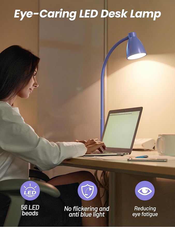 BOHON LED Desk Lamp with USB Charging Port, 3 Color Modes Dim, Lilac Purple | Reading Lamp, Auto Dimming Task Lamp, Flexible Neck Table Light for Office Dorm Bedside, Adapter Include - Image 5