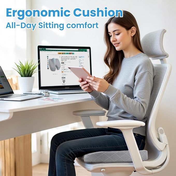 Memory Foam Office Chair Seat Cushion - Light Grey, X-Large | for Car Seat, Airplane, Desk Chair - Sciatica & Hip & Coccyx Pain Relief Cushion for Long Sitting Office Workers, Car Drivers - Image 7