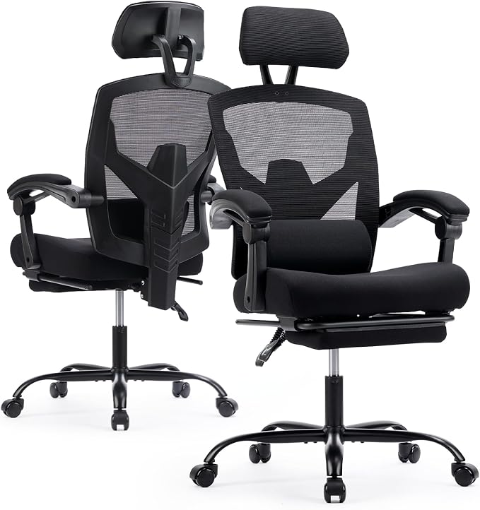 Ergonomic Office Chair with Footrest, Computer Gaming Chair | Adjustable Headrest, Lumbar Support, Swivel Reclining, Padded Armrest, Mesh High Back, Home Desk Work Study, Black by HAPPYMONTLLC