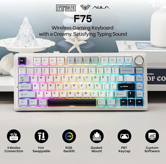 EPOMAKER x Aula F75 Gasket Mechanical Keyboard, 75% Wireless Hot Swappable Gaming Keyboard with Five-Layer Padding&Knob, BT/2.4GHz/USB-C, RGB (Light Blue, LEOBOG Reaper Switch) - Image 2
