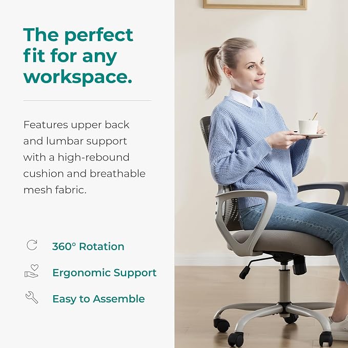 OLIXIS Home Office Chair, Mesh Desk Chair, Ergonomic Lumbar Support | Mid Back Computer Ergonomic, Height Adjustable Swivel Task, Large Seat Armrest, Adults, Grey - Image 5