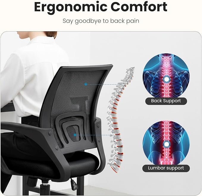 DUMOS Ergonomic Office Chair, Mid-Back Executive Desk Chair 2 Pack | Comfortable Lumbar Support, Breathable Backrest, Fixed Armrest, Height Adjustable, 360° Swivel, Computer Gaming, Black - Image 3