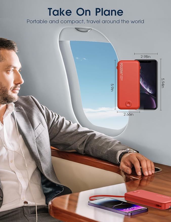 Nusyddy Portable Charger 10000mAh Fast Charging w/Built-in Wall Plug Red | PD20W Fast Charging, LED Indicator, Pass Through Charging, TSA Approved, Compact/Slim, Power Bank for iPhone/iPad/Samsung - Image 8