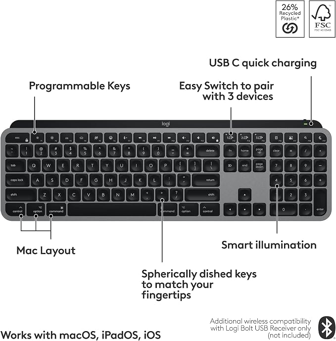 Logitech MX Keys S Mac Wireless Keyboard Fluid Precise - Space Grey | Fluid, precise laptop-like typing, programmable keys, USB-C rechargeable, for MacBook Pro, MacBook Air, iMac, iPad - Image 6