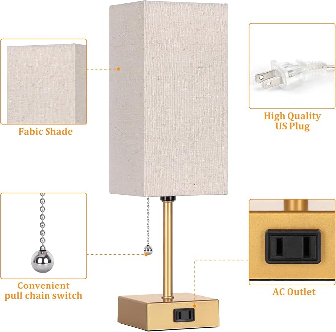 Table Lamp for Bedroom set of 2,3-Color Bedside Lamps with Pull Chain Gold | Table Lamps for Nightstand with AC Outlets,Small Night Light Lamps with 2 Bulbs Lamps for Living Room Kids Room Office Decor - Image 3
