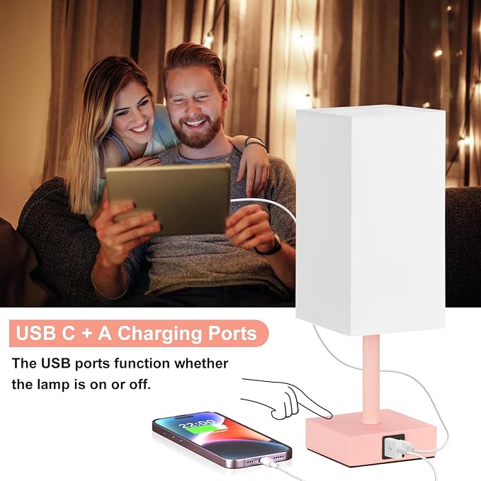 Touch Table Lamp for Bedroom - Dimmable, USB C+A, White Lamphade Pink Base | 3-Way Dimmable, 3000K LED Bulb Included, Square Lampshade, Cute Room Decor for Teen Girls, Kids, Small Lamp for Dorm, Nursery - Image 3