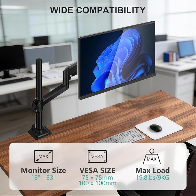 WALI Tall Single Monitor Arm for 13-33 inch Screens, up to 19.8 lbs | Height Adjustable Monitor Desk Mount, Full Motion with Tilt, Swivel, C-Clamp & Grommet Base, VESA 75/100mm (GSDM001), Black - Image 3