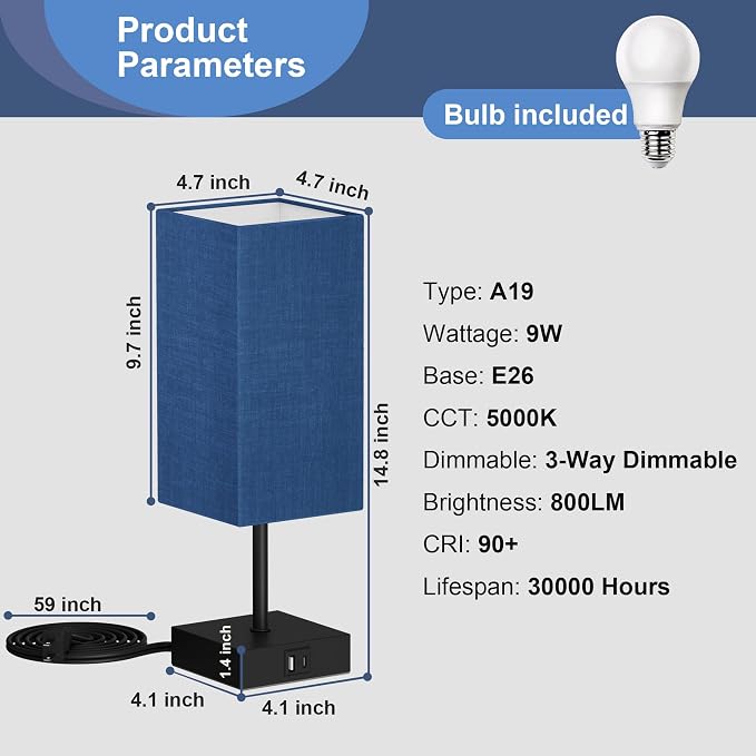 Touch Bedside Table Lamp for Bedroom, 14-Inch, Navy Blue Set of 2 | USB A+C Ports, Touch 3-Way Dimmable LED Bulb Included Fabric Lampshade Metal Base Small Nightstand Lamp for Desk Living Room - Image 5