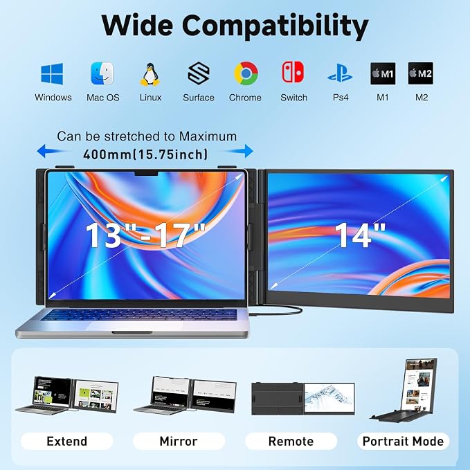 KEFEYA Laptop Screen Extender, 14" FHD 1080P Portable Monitor for Laptops, 0.19" Ultra-Thin Laptop Monitor Extender for 13-17" with USB-C/HDMI Port, Plug n Play for Windows/Mac/Android/Switch/PS5 - Image 6