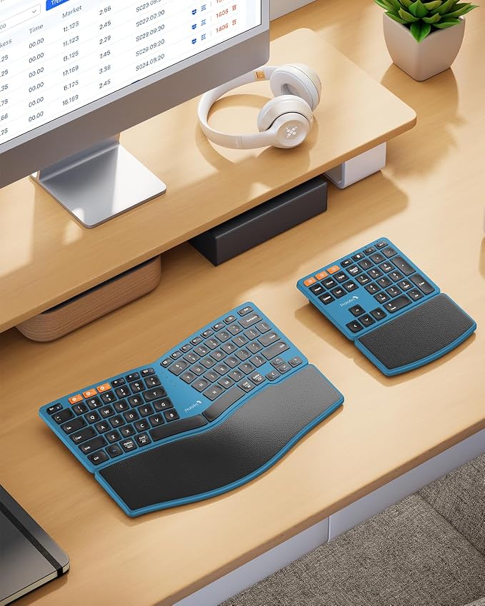 ProtoArc Wireless Ergonomic Keyboard with Separate Number Pad - Blue | 2.4G and Dual Bluetooth, Hard Palm Rest, Split Design, Rechargeable, Compatible with Windows, Mac - Image 7
