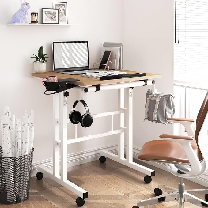 Small Standing Desk with Removable Cup Holder, Height Adjustable Mobile Laptop Stand on Wheels, Ergonomic Rolling Computer Workstation for Home Office, Portable Overbed Table for Couch & Bed, Khaki - Image 2