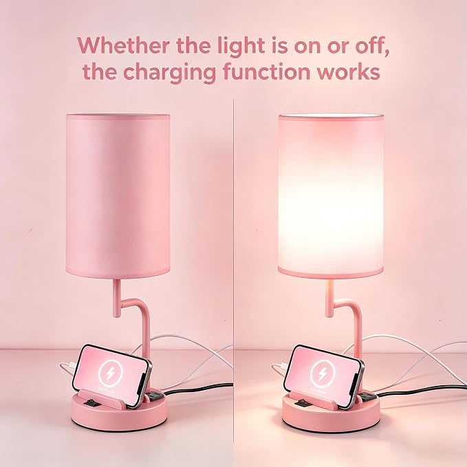 Dreamholder 2 Pack Table Lamp, Bedside Lamp with 3 USB Charging Ports & AC Outlet, USB Desk Lamp with 2 Phone Holders, Linen Fabric Shade Nightstand Lamps for Bedroom Living Room Office, Pink - Image 3