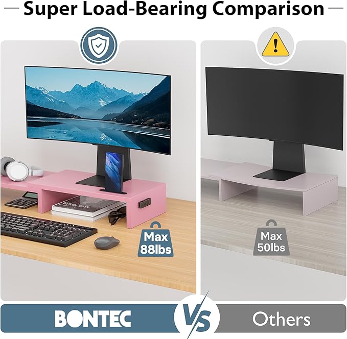 BONTEC Dual Monitor Stand Riser, Adjustable Length & Swivel Angle, Pink | Ergonomic Wooden Desktop Organizer with Smartphone Holder, Computer Monitor Stand for PC, Laptop, Printer and Large Storage - Image 5