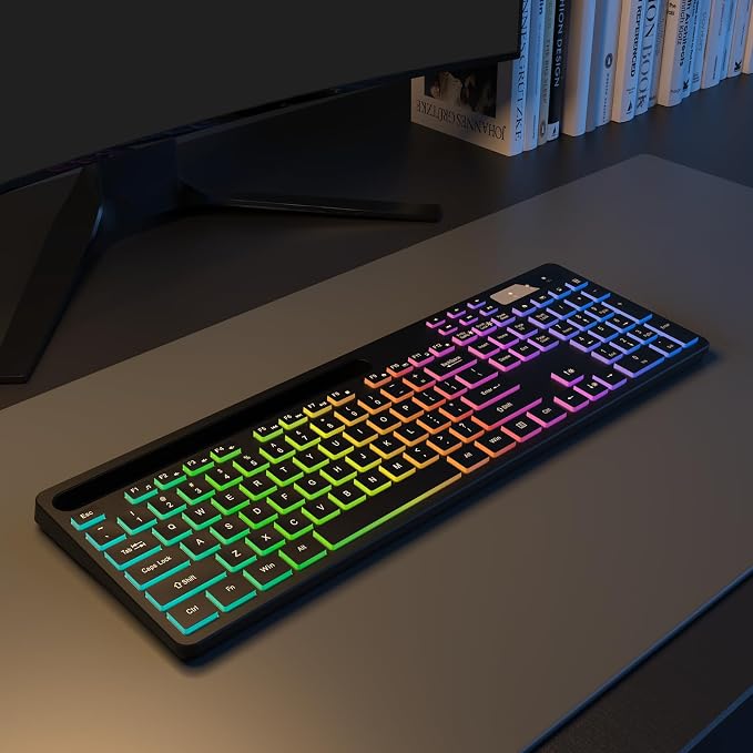 Soueto Wireless Keyboard with 7-Color RGB Backlit, Full-Size Computer Keyboard with Phone Tablet Holder, 2.4G Rechargeable Gaming Keyboard with Light Up Keys, Compatible with Mac, Windows (Black) - Image 9