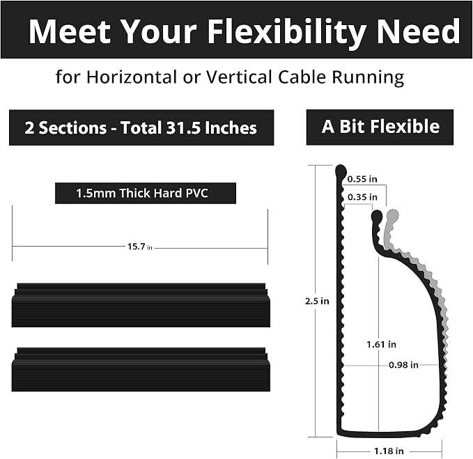 Cable Management Under Desk, 32in (2x15.75in) J Channel, Self Adhesive Cable Raceways Channel, Easy to Install Cord Cover Hider Desk Cord Organizer Electrical Black - Image 6