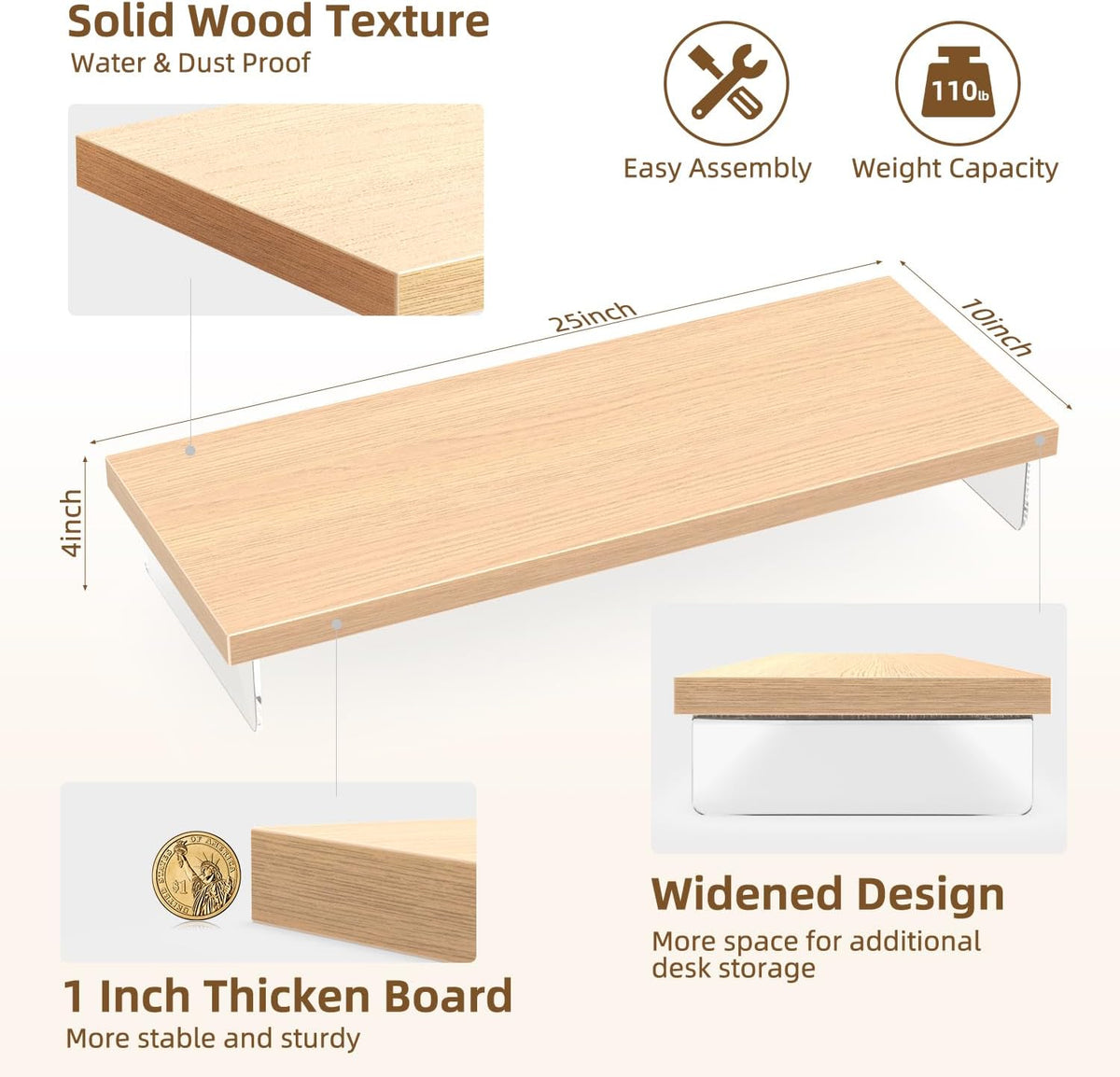 Monitor Stand Riser, 25x10 in Wood & Acrylic Computer Desk Organizer Shelf - Image 4