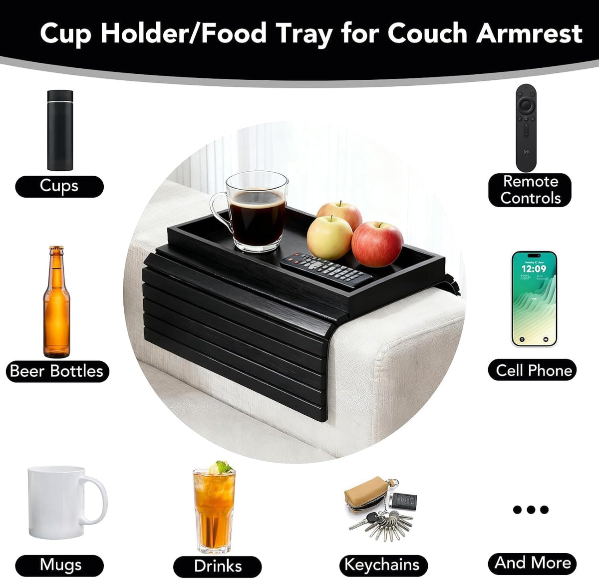 Bamboo Couch Arm Tray, Foldable Sofa Tray Table for Couch, Anti-Falling Sofa Cup Holder, Portable Sofa Arm Chair Table for Drink,Cups, Eats，Snacks, Phone, Remote, Black - Image 6
