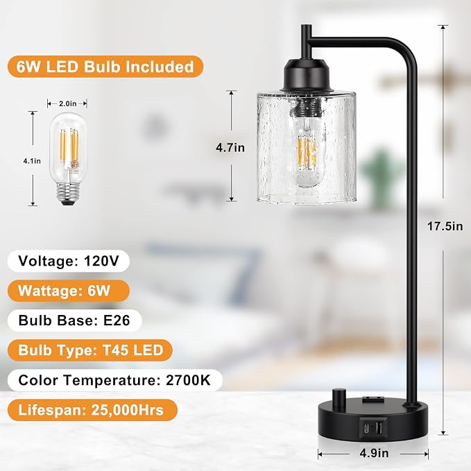 Industrial Desk Lamp, Fully Dimmable Small Bedside Table Lamp, Black, USB C | Glass Shade, USB C+A Charging Port & Outlet, Lamps for Bedroom, Night Stand, Home Office, Living Room - Image 7