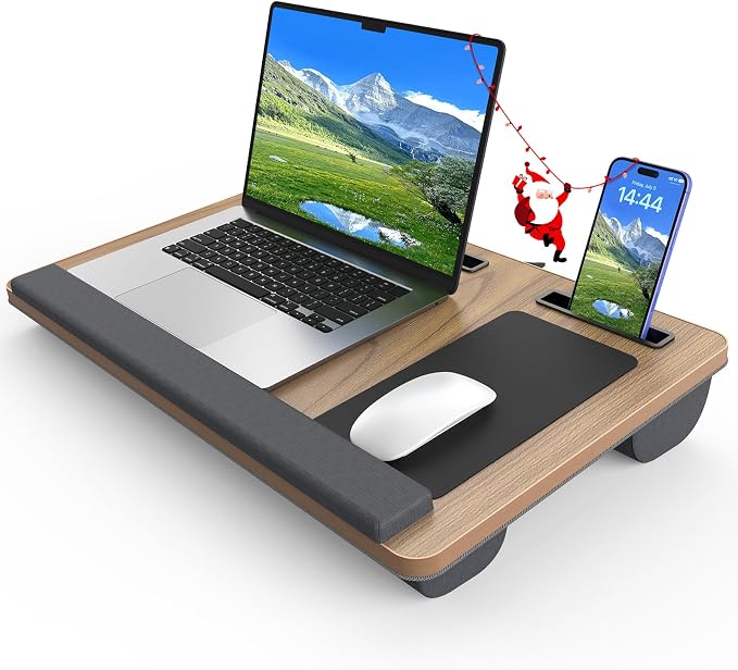Laptop Lap Desk, Portable Large Laptop Desk for Bed, Up to 17 in Lap Table with Wrist Rest, Mouse Pad, Tablet Phone Slot, Portable Handle, Cushion (Dark Brown Woodgrain) by HETTHI