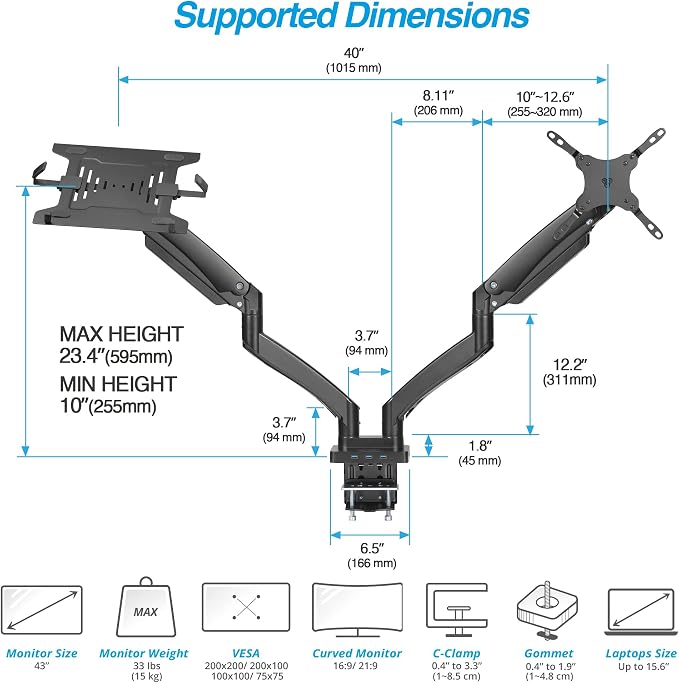 Dual Monitor Arm Desk Mount with 15" Laptop Tray & USB-C&A Docking Station | AVLT 17”-43" HDMI 4K60Hz, Ethernet, Gbps, 100W PD, Fits Two Flat/Curved Monitor - Black - Image 4