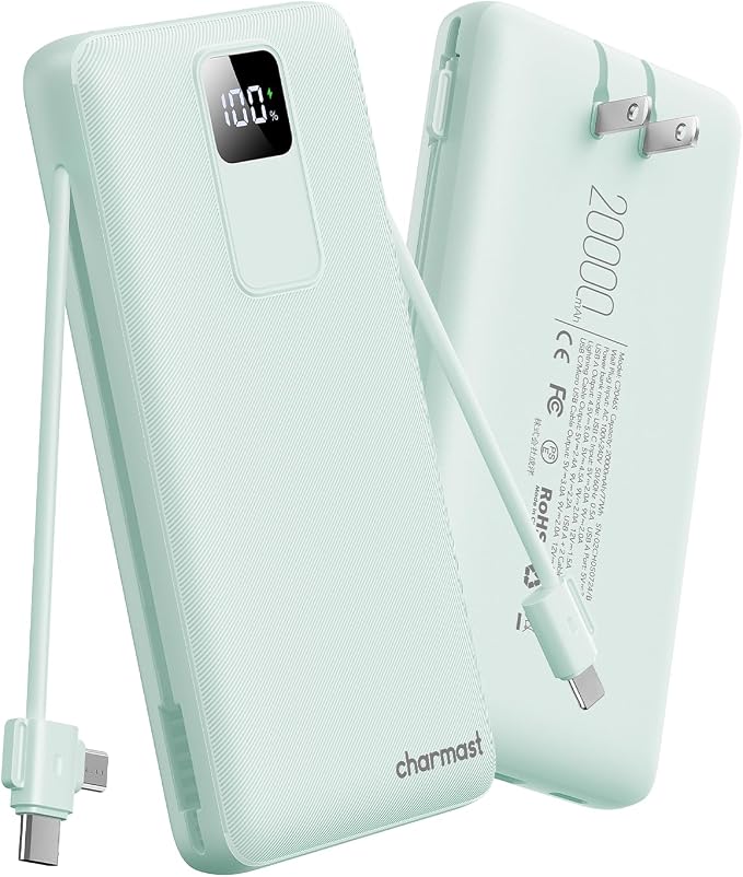 charmast 20000mAh Portable Charger with Built-in Cables and AC Wall Plug | 20W Fast Charging Power Bank, Power 3 Devices at Once, Family Travel Essential Battery Pack for iPhone, Samsung, Android by charmast